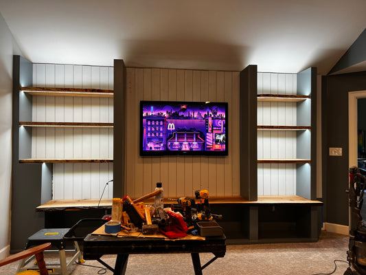 Custom Built-In Entertainment Wall with Live Edge Wood Shelving