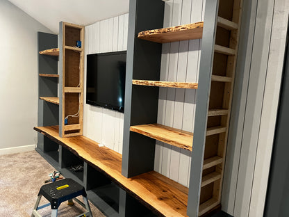 Custom Built-In Entertainment Wall with Live Edge Wood Shelving