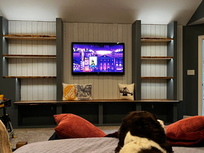 Custom Built-In Entertainment Wall with Live Edge Wood Shelving