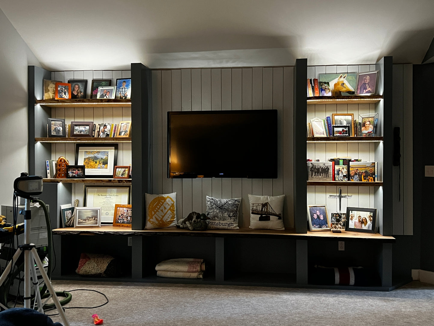 Custom Built-In Entertainment Wall with Live Edge Wood Shelving
